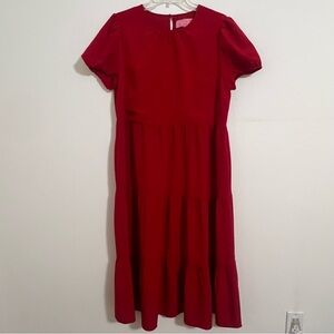 LDT Women's Red Puff Sleeve Tiered Midi Dress Size 10